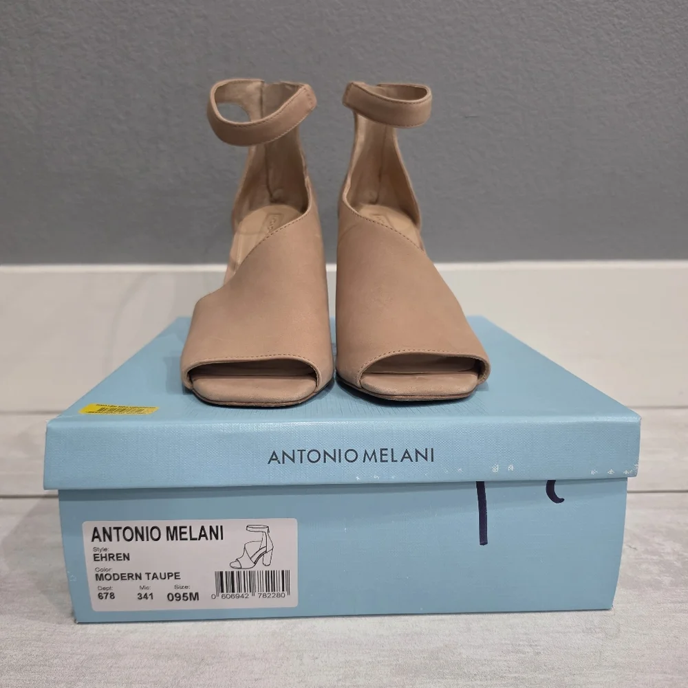 ANTONIO MELANI Ehren Blush Nude Modern Taupe Peep-Toe Block Heel Sandals